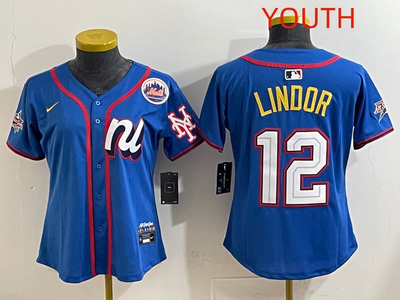 Youth 2025 New York Mets #12 Lindor Blue All star Nike MLB Jersey style 012->youth mlb jersey->Youth Jersey